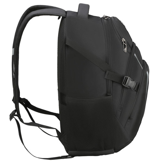 A black Swissdigital Stealth Vector Backpack with adjustable straps and multiple compartments, featuring a mesh side pocket.