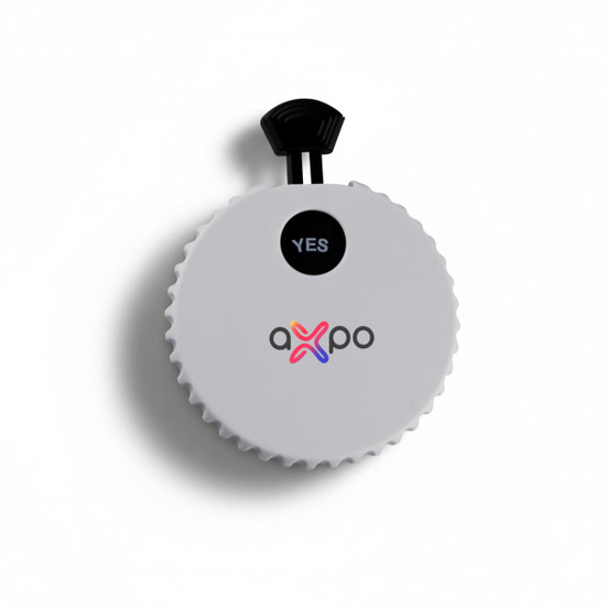 A drink bottle opener in white with a black pull tab and a logo on the front.