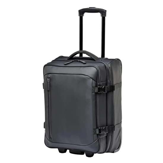 A black wheeled carry-on suitcase with a retractable handle and side straps, featuring a logo on the front.