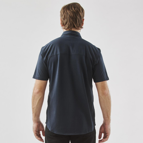 A Men's Sonora short sleeve knit shirt in navy, featuring a plain back design and a collar.