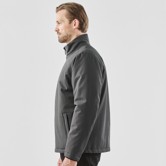 A grey men's Athabasca thermal jacket, featuring a zip closure and a standing collar, displayed from the side.