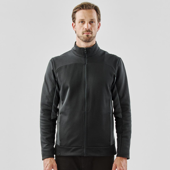 A men's knit jacket in black with a zippered front and a high collar, featuring a logo on the side.