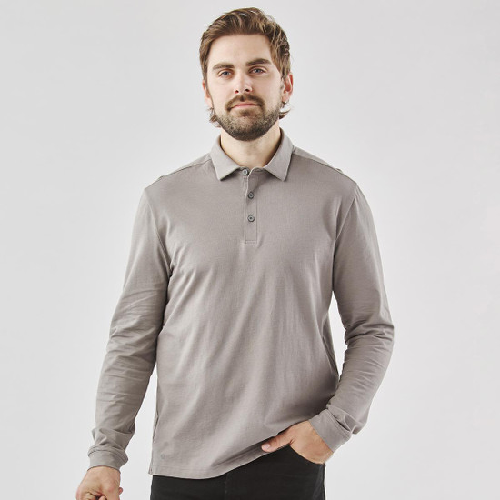 A long-sleeved grey men's polo shirt with a collar and buttons, featuring a logo.