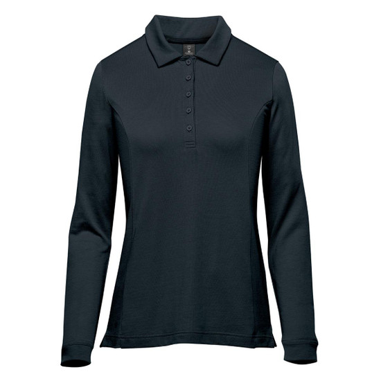A black long-sleeve polo shirt featuring a collar and buttons, with a logo on the chest.