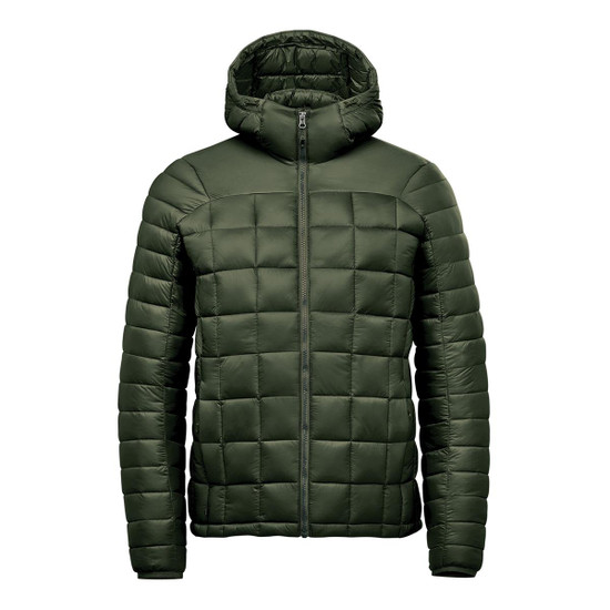 A green puffer jacket with a hood, featuring a quilted design and a zip closure at the front. It has a logo.