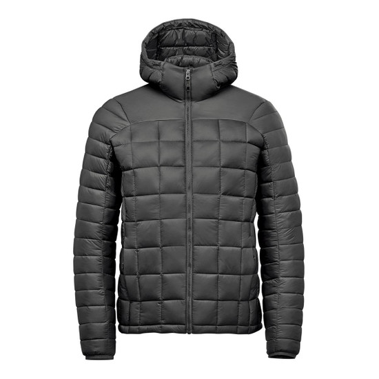 A black puffer jacket with a hood, featuring a quilted pattern and a full zip closure. It has a logo on it.