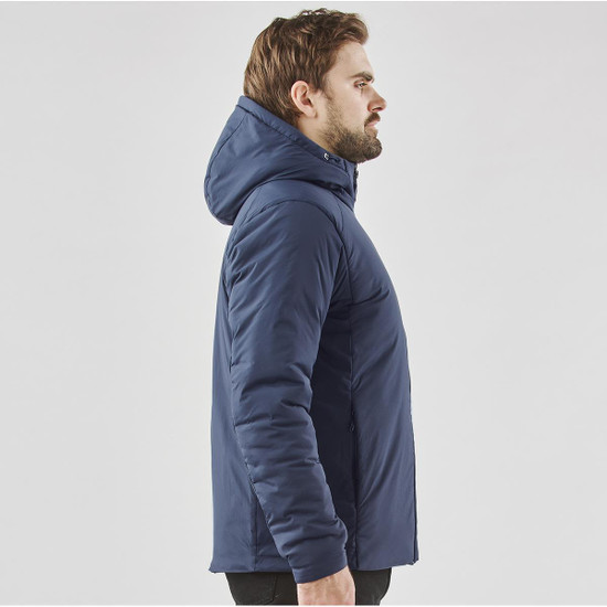 A men's puffer jacket in navy, featuring a hood and side profile view. The jacket has a branding logo.