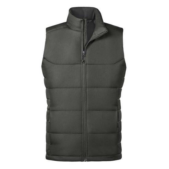 A green thermal vest with a high collar and zip-up front, featuring a logo on the chest.