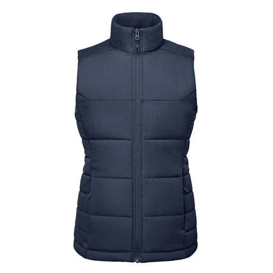 A navy women's thermal vest with a zip front, featuring a high collar and padded design. It has a branding logo.