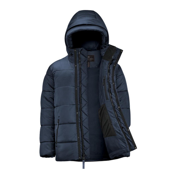 A navy puffer jacket with a hood and zippered front, featuring a logo and a two-tone design.