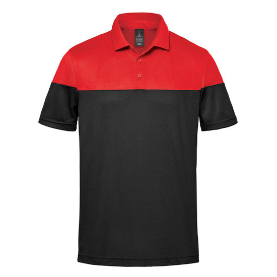 A two-tone polo shirt featuring a red upper section and black lower section. The shirt has a collar and branding.