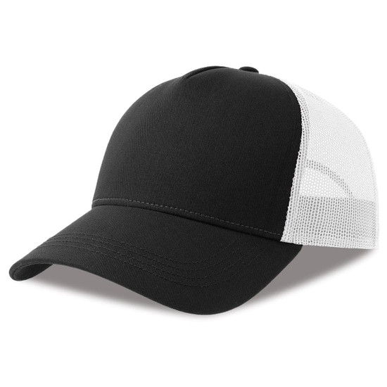A black trucker cap with a solid front and white mesh panels at the back. It features a logo on the front.