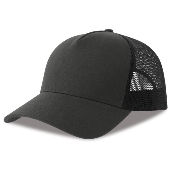A black trucker cap featuring a solid front panel and mesh sides. It includes a logo on the front.