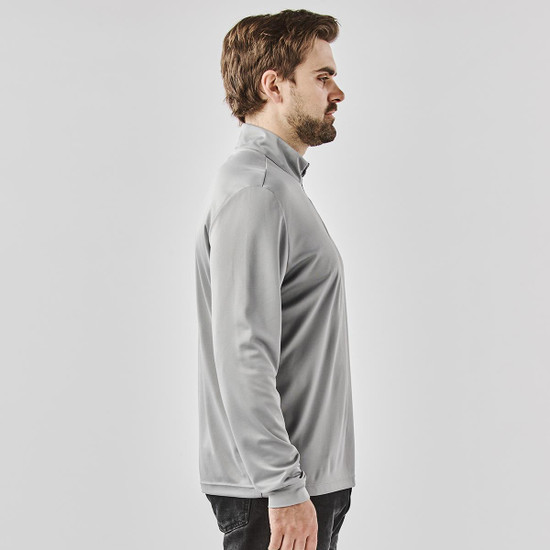A light grey 1/4 zip pullover for men, featuring a sleek design and a logo on the chest.