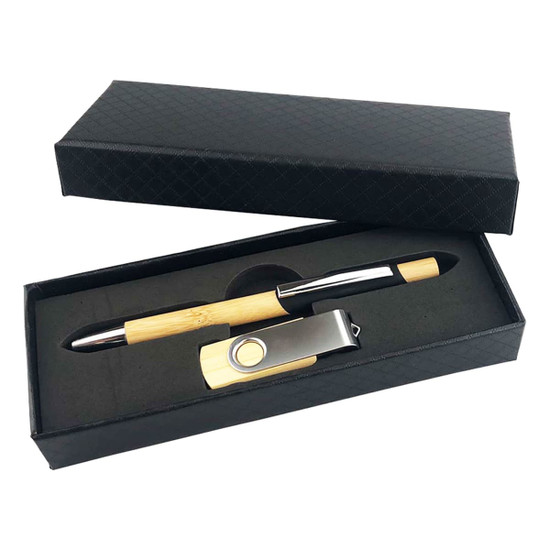 A bamboo and chrome pen set with a metal keyring, presented in a sleek black gift box.