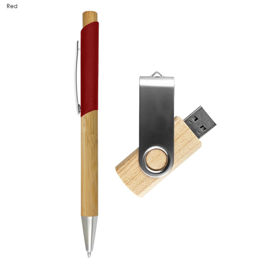 A red and bamboo pen alongside a wooden USB flash drive with a metal clip.