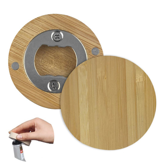 A drink bottle opener featuring a bamboo exterior and a stainless steel opening mechanism, accompanied by a hand holding it.