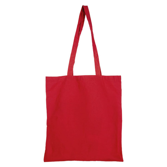 A red tote bag with long handles and no gusset, featuring a logo.