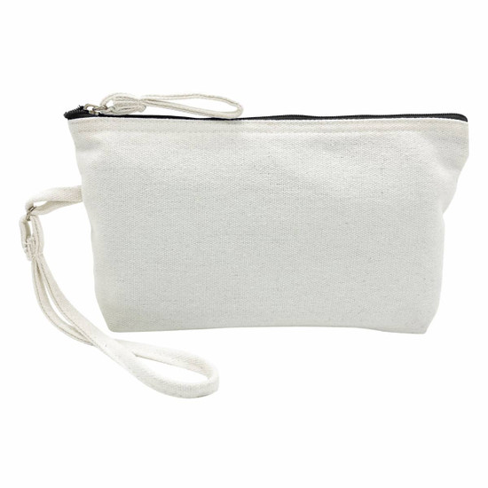 A cosmetic bag in white canvas with a black zipper and a detachable wrist strap. It features a logo on one side.