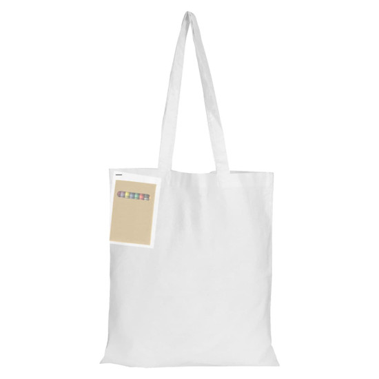 A white calico tote bag with two long handles and a small attached card. The bag has no gusset.