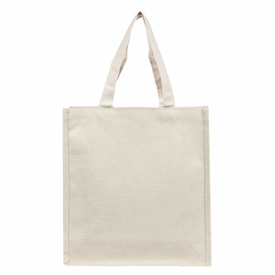 A plain cream canvas tote bag with two straps and a simple design. It features a branding logo.