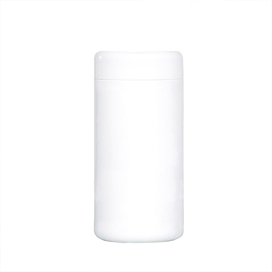 A white cylindrical container for wet tissues, featuring a removable lid, suitable for cleaning surfaces.