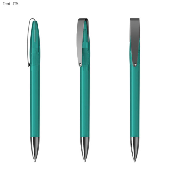 A teal plastic pen with a metallic clip and a shiny silver tip, showcased from three angles.