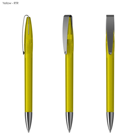 A transparent yellow plastic pen with a silver clip, displayed from three angles.