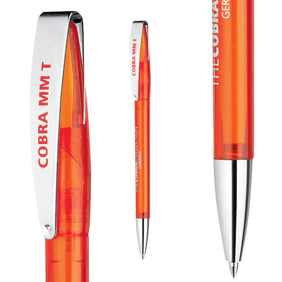 An orange transparent plastic pen with a silver clip and a chrome tip, featuring a logo.