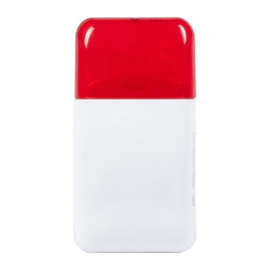 A correction tape dispenser in white and red, featuring a logo on its surface.