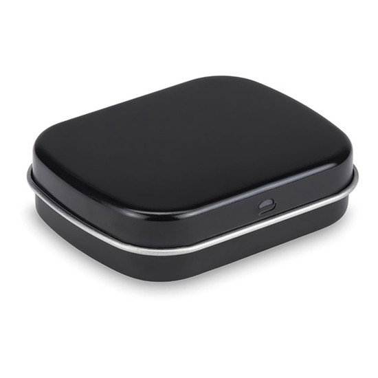 A rectangular black mint tin with a silver trim, featuring a rounded edge design and a hinged lid.