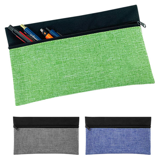 A pencil case in green fabric with a black zipper, filled with pens and markers. Includes grey and blue versions below.