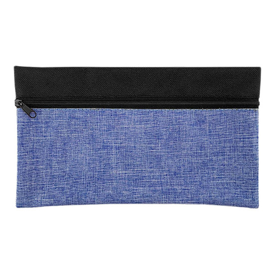 A pencil case featuring a blue fabric body with a black zipper. It has a simple and modern design.