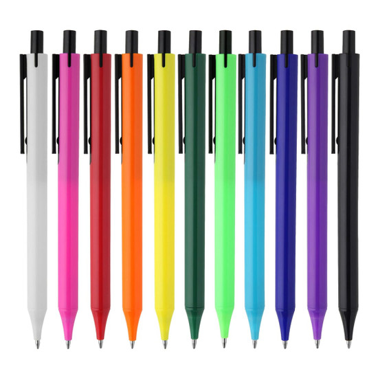 A set of plastic pens in various colours including pink, orange, yellow, green, purple, and black, with one white pen.