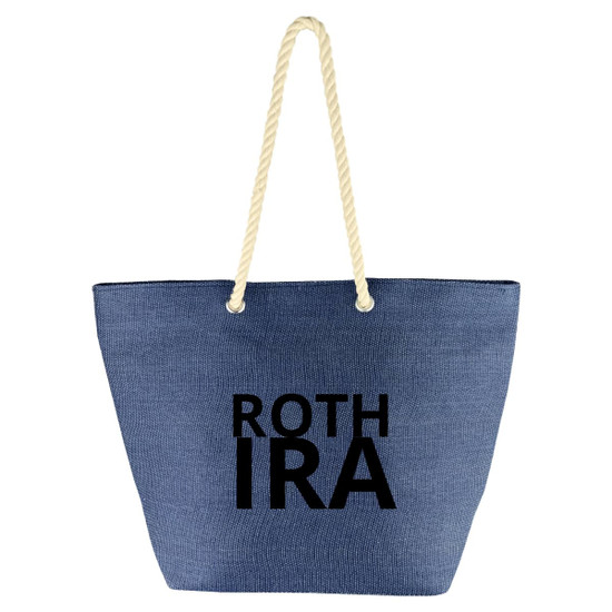 A blue tote bag with rope handles and a logo printed on the front.