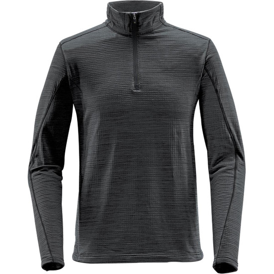 A men's black thermal 1/4 zip jumper featuring long sleeves and a textured design. It includes a logo on the front.