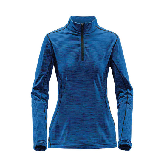A blue women's base thermal 1/4 zip jumper with long sleeves and a zip at the collar, featuring a logo.