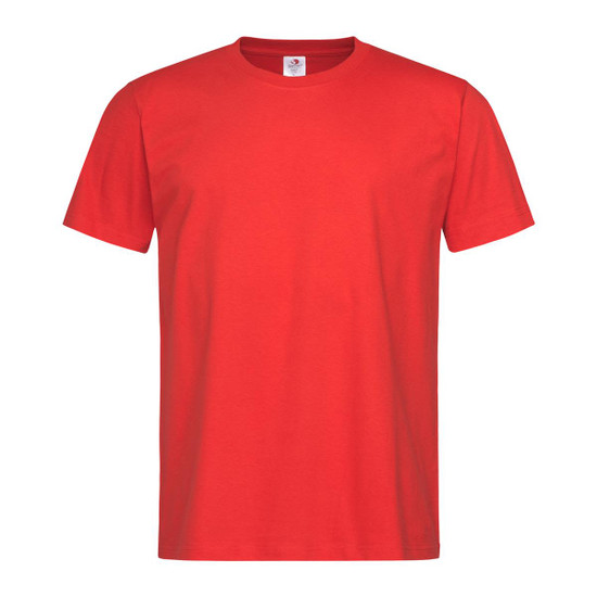 A red heavyweight crew neck t-shirt with short sleeves and a tag inside the collar. It features a logo.