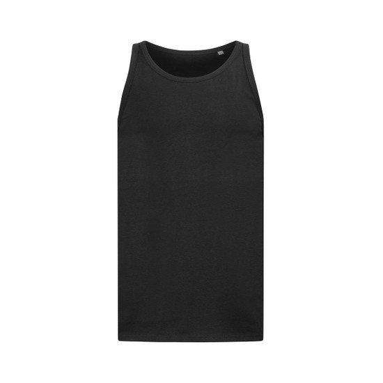 A black men's tank top featuring a sleek design and a small logo at the neckline.