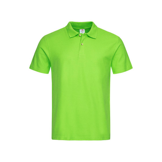 A bright green heavyweight polo shirt with a classic collar and three buttons, featuring a logo.