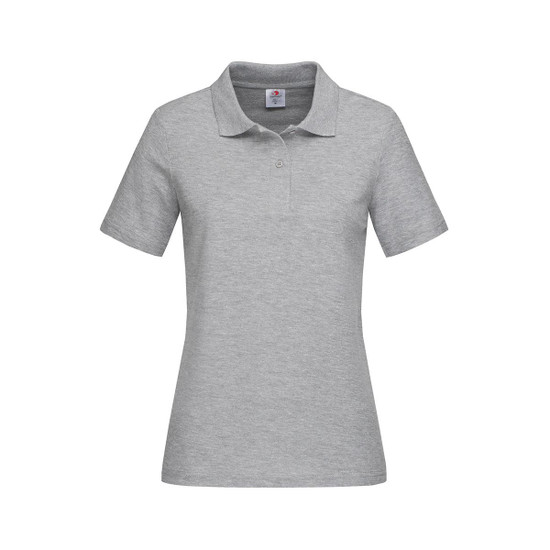 A women's heavyweight polo in light grey with a classic collar and short sleeves. It features a logo on the chest.