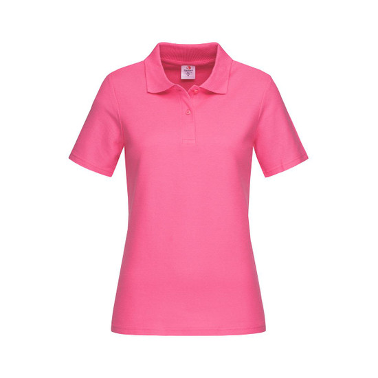 A women's heavyweight polo shirt in bright pink with short sleeves and a classic collar. It features a logo.