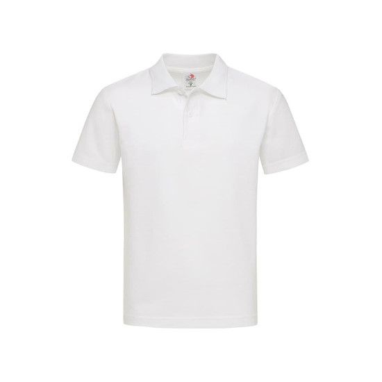 A white Junior Heavyweight Polo shirt with short sleeves and a collar, featuring a logo on the chest.
