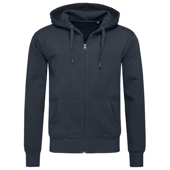 A men's active sweatjacket in dark grey with a zip front and hood, featuring a logo on the chest.