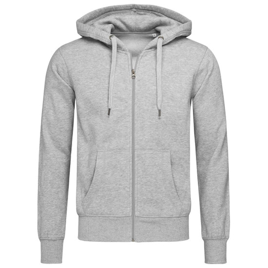 A grey zip-up hoodie features a drawstring hood and front pockets, with a logo on the chest.