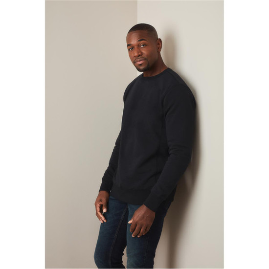 A black men's active sweatshirt displayed on a model against a neutral background. The product features a logo.