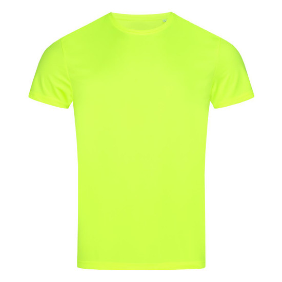 A bright yellow men's active sports T-shirt with short sleeves and a crew neck design, featuring a logo.