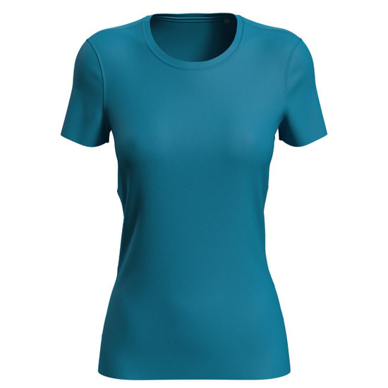 A women's active sports T-shirt in a teal colour, featuring a fitted design and short sleeves. It has a logo.