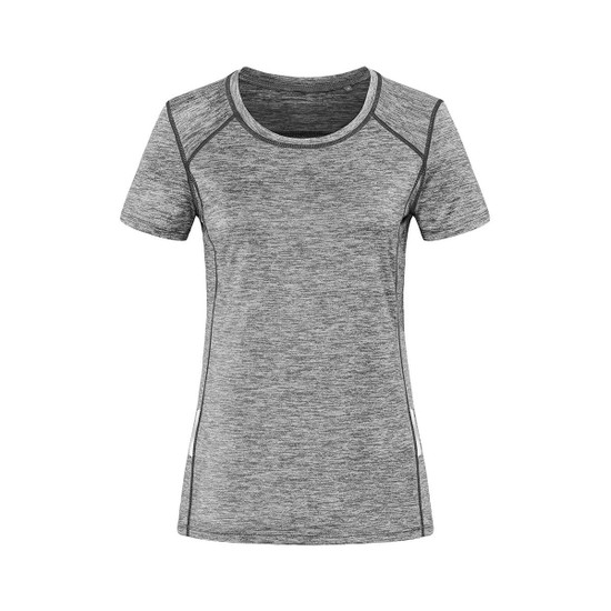 A grey women's recycled sports T-shirt with short sleeves and a fitted design, featuring a subtle logo.