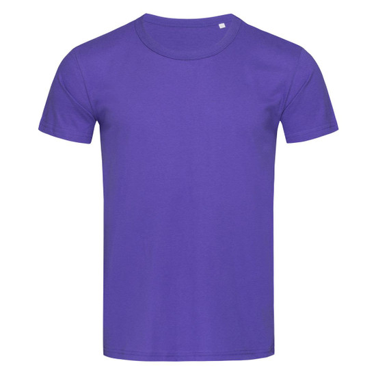 A purple crew neck t-shirt with short sleeves and a small logo on the upper side.
